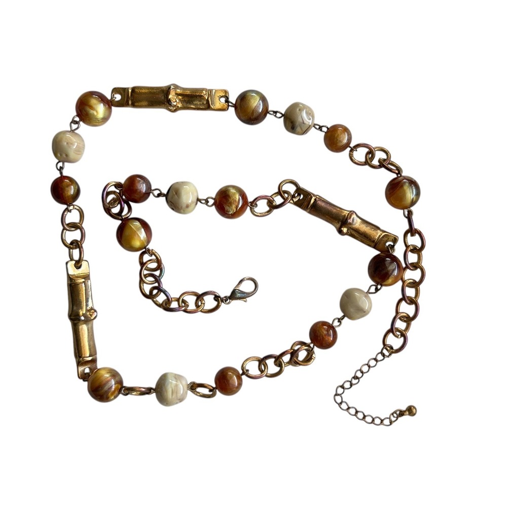 Beaded Necklace‎ Gold Bamboo Accents Adjustable Chain Statement Jewelry